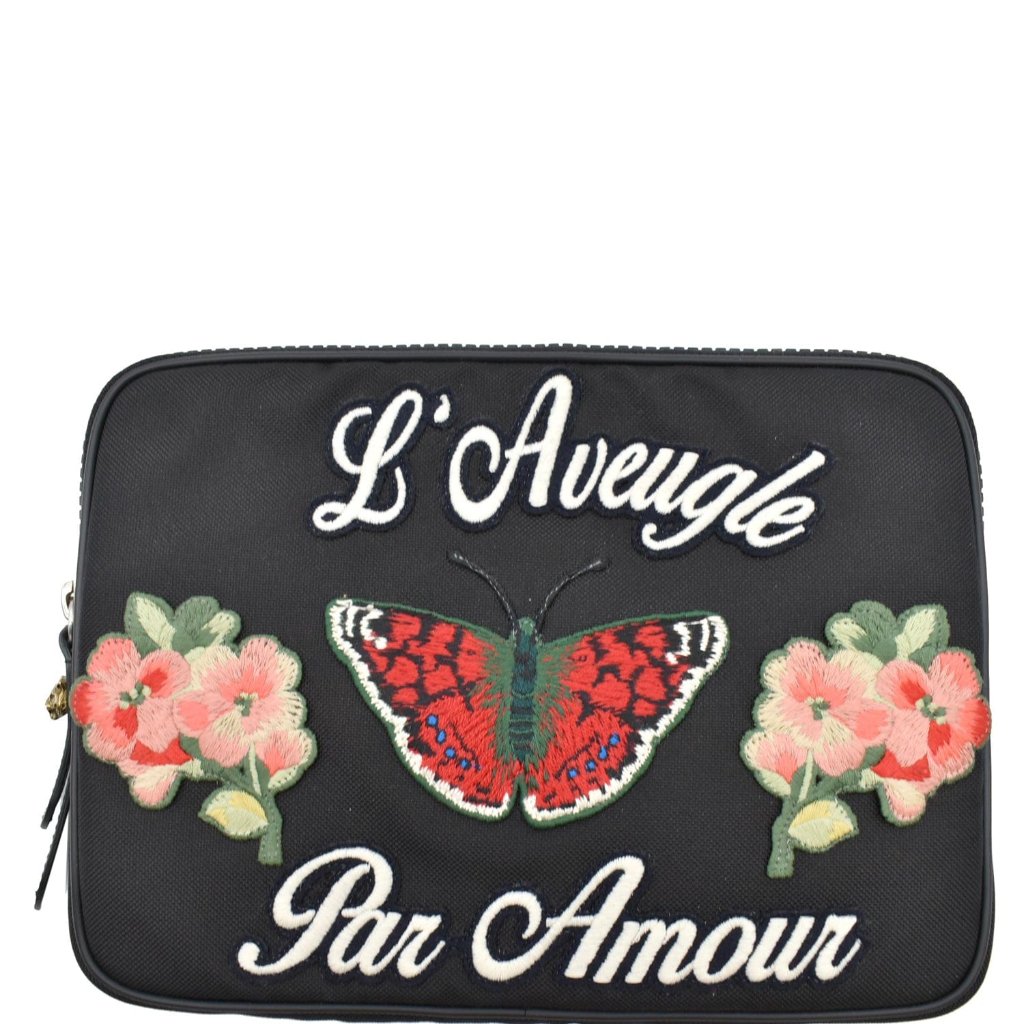 Gucci Butterfly Techno Embroidered Canvas Tech Case Black 473883